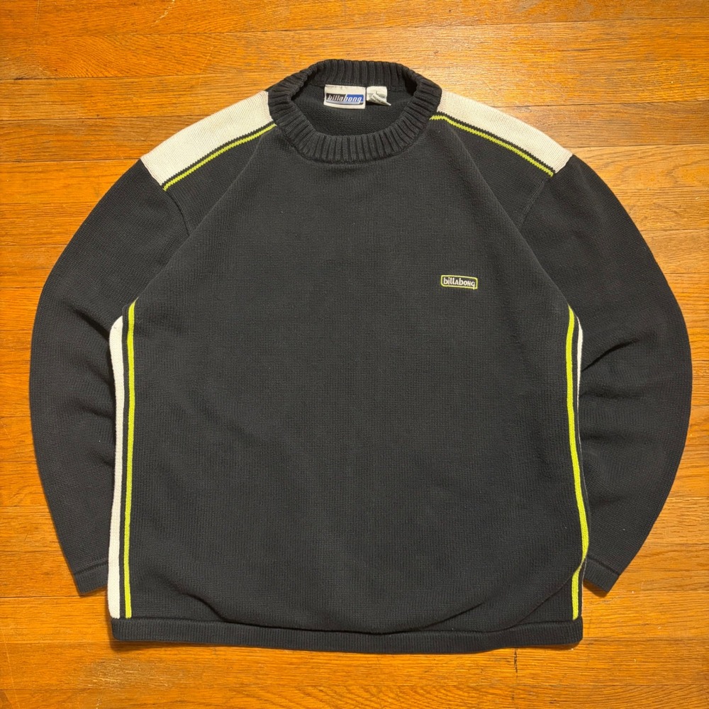 Vintage Billabong Sweater Crewneck Mens Large Striped Black Cotton Y2K Surf